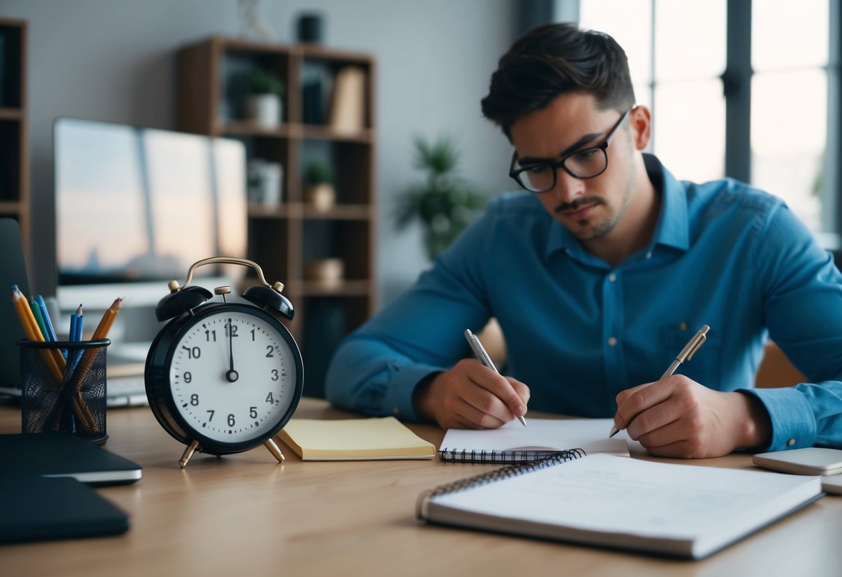 A clutter-free desk with a timer set to 25 minutes, a notepad, and a focused individual working diligently