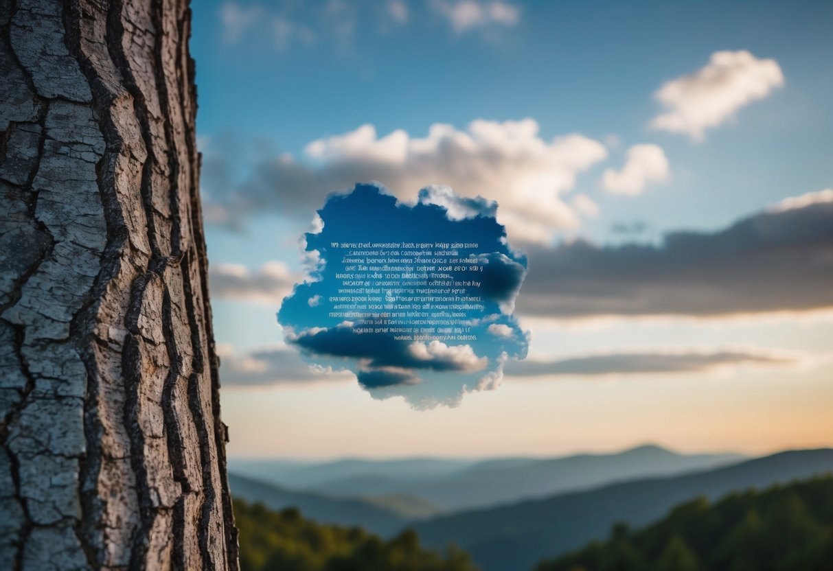 A digital image of a landscape with a hidden message subtly concealed within the natural elements, such as within the texture of a tree bark or the pattern of clouds